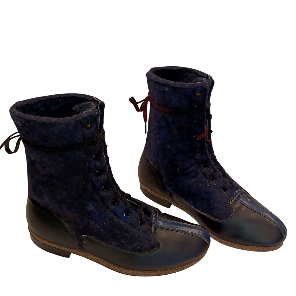 Biltrite Vintage Streetwear Mens 9 Mid Calf Blue Black Felt Block Heel Boots - Picture 3 of 14